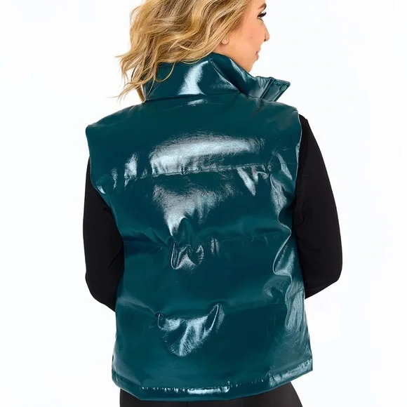 HELEN VEGAN LEATHER PUFFER VEST - JADE - Picture 2 of 7